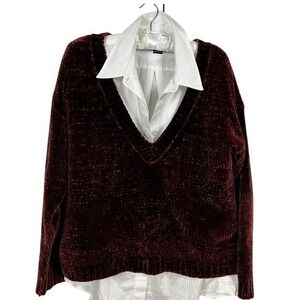 dip Cozy Burgundy Chenille V Neck Long Sleeve Sweater Large Relaxed Fit Pullover